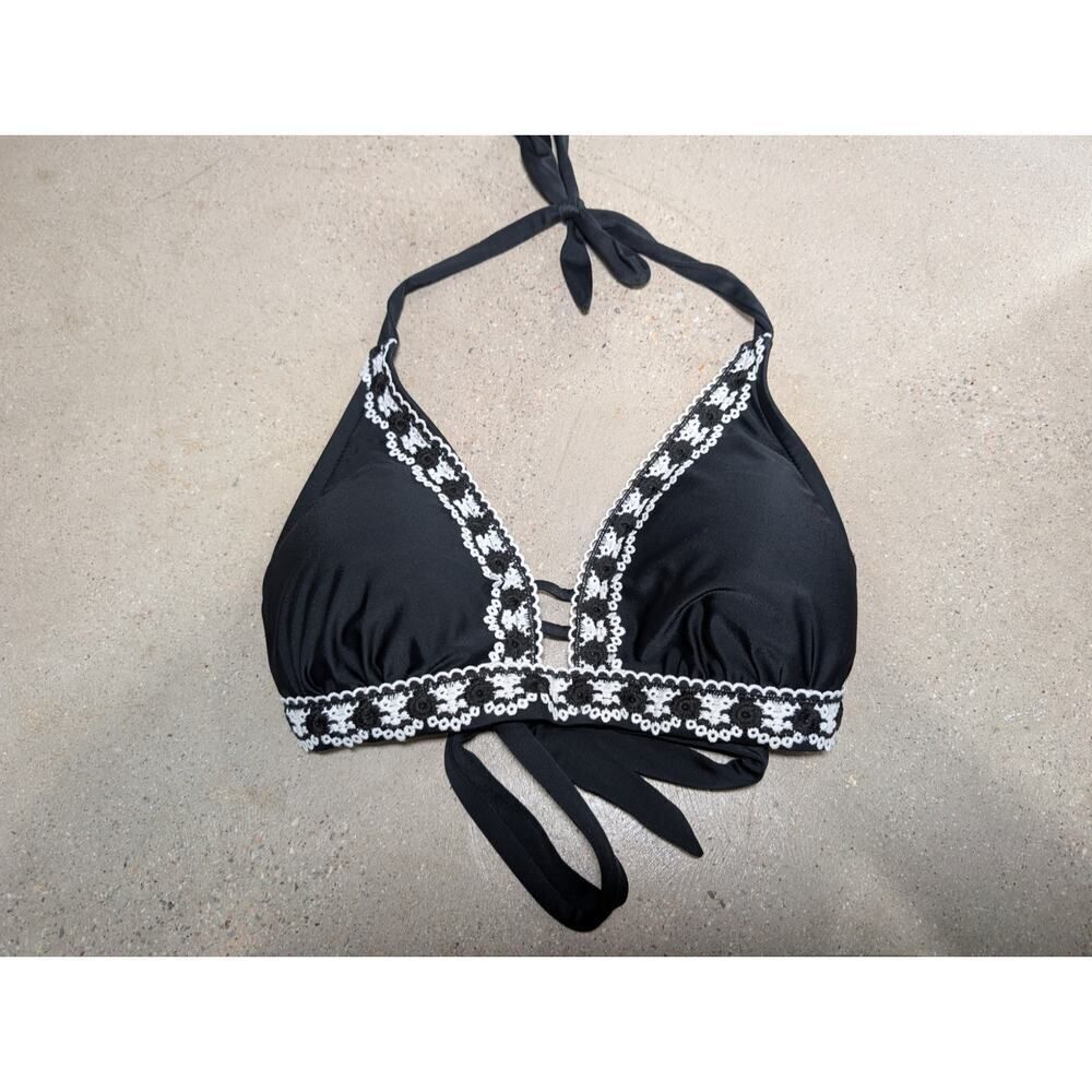 Kona Sol Halter Bikini Top Womens D/DD Black Solid Crochet Trim & Blk Bottoms - Picture 2 of 7